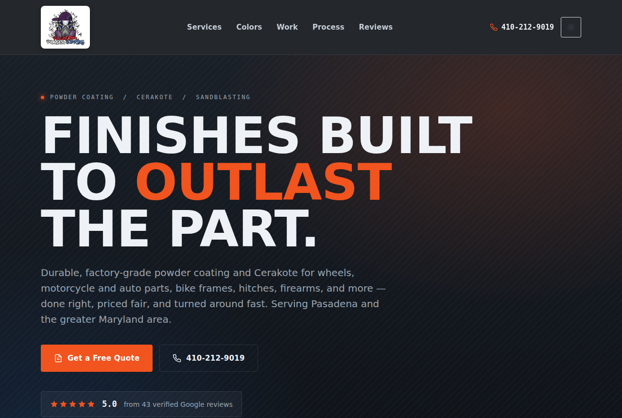 Pasadena Powder Coating website homepage